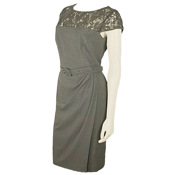 Jones Wear Dress w/ Belt, Sheath Dress, Gray w/ Lace Upper, Size 10 Slit Skirt - Picture 3 of 14